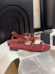 THREE-STRAPS SANDALS IN JAM RED CALFSKIN WITH GOLD HARDWARE