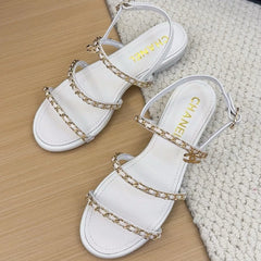 THREE-STRAPS SANDALS IN WHITE CALFSKIN WITH GOLD HARDWARE