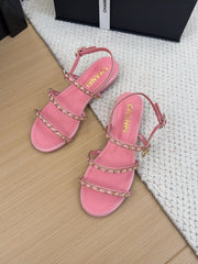 THREE-STRAPS SANDALS IN FLAMINGO PINK CALFSKIN WITH GOLD HARDWARE