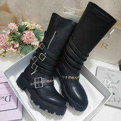 CD ZIPPER BUCKLE BOOTS IN BLACK CALFSKIN