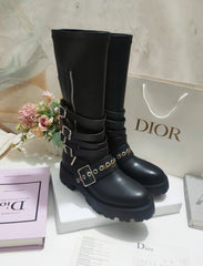 CD ZIPPER BUCKLE BOOTS IN BLACK CALFSKIN