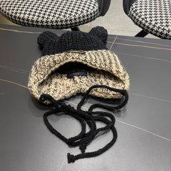 KNITTED BEANIE HAT WITH CUTE EARS IN BLACK MIX BEIGE WOOL 403483