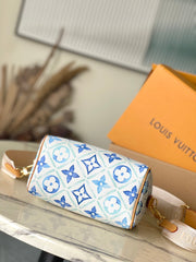 SPEEDY BANDOULIÈRE 20 IN LAGOON BLUE MONOGRAM TILES CANVAS GOLD BUCKLE