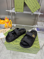 GG SANDALS IN BLACK FABRIC AND CALFSKIN WITH GOLD HARDWARE