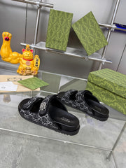 GG SANDALS IN BLACK FABRIC AND CALFSKIN WITH SILVER HARDWARE