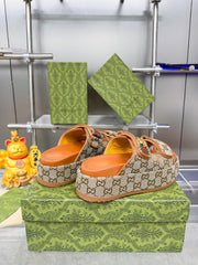 GG SANDALS 22 IN ORANGE CALFSKIN AND BEIGE FABRIC WITH GOLD HARDWARE