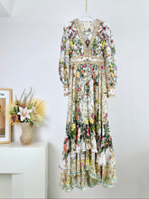 V-NECK LAYERED SILK PRINT MAXI DRESS