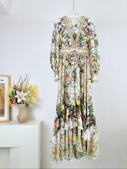 V-NECK LAYERED SILK PRINT MAXI DRESS