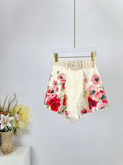 FLORAL PRINTED PLEATED BELTED SHORTS