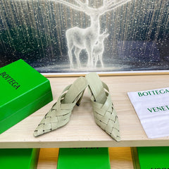 ALFIE LEATHER HIGH MULES IN PEARL GRAY CALFSKIN WITH WOVEN DESIGN