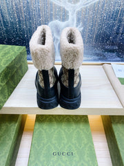 HORSEBIT ANKLE BOOTS WITH MERINO TRIM IN BEIGE JACQUARD FABRIC MIX BLACK CALFSKIN