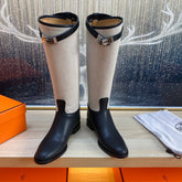 KNEE HIGH BOOTS IN BLACK CALFSKIN AND WHITE FABRIC