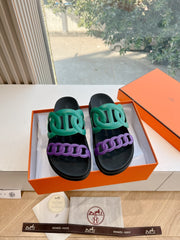 EXTRA SANDAL IN MEDIUM GREEN MIX VIOLET PURPLE CALFSKIN