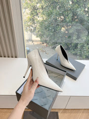 ZIPPER POINTED-TOE HIGH PUMPS IN WHITE WAX-OIL SHEEPSKIN