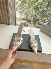 CRYSTAL BUCKLE WHITE CALFSKIN HEELED MULES