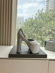 PLATFORM ANKLE STRAP HEELS IN SILVER METALLIC ATTACHED RHINESTONES CALFSKIN
