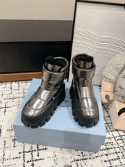 MONOLITH ANKLE BOOTS WITH STRAP IN METALLIC GRAY CALFSKIN AND FLEECE LINING