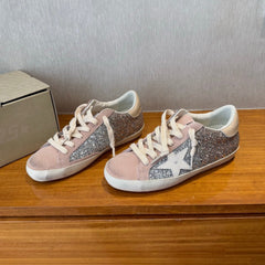 BALL STAR SNEAKERS WHITE CALFSKIN STAR PINK SUEDE SILVER GLITTER UPPER