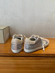 BALL STAR SNEAKERS WHITE CALFSKIN STAR PINK SUEDE SILVER GLITTER UPPER