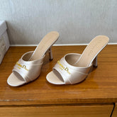 PEEP TOE SANDAL 25S HEELS 10CM IN PALE PINK BEIGE SATIN