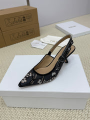 DIOR HIGH SLINGBACK 65 MM 25S IN BLACK FABRIC AND FLORAL PATTERN