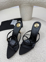 YSL 25S STRAPPY HIGH-HEEL SANDALS 95 MM IN BLACK LAMBSKIN