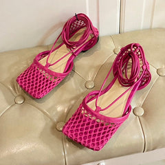 STRETCH LACE-UP FLAT SANDAL IN BRIGHT PINK METALLIZED MESH AND LEATHER