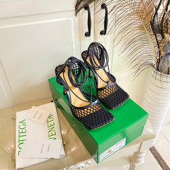 STRETCH LACE-UP SANDAL IN BLACK METALLIZED MESH AND LEATHER 9 CM