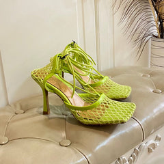 STRETCH LACE-UP SANDAL IN NEON GREEN METALLIZED MESH AND LEATHER 9 CM
