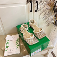 LACE-UP FLAT SANDAL IN WHITE CREAM METALLIZED MESH AND LEATHER WITH RHINSTONES