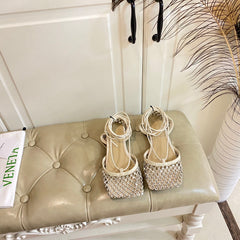 LACE-UP FLAT SANDAL IN WHITE CREAM METALLIZED MESH AND LEATHER WITH RHINSTONES