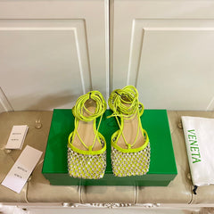 LACE-UP FLAT SANDAL IN NEON YELLOW METALLIZED MESH AND LEATHER WITH RHINSTONES