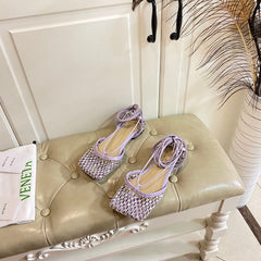 LACE-UP FLAT SANDAL IN LIGHT PURPLE METALLIZED MESH AND LEATHER WITH RHINSTONES