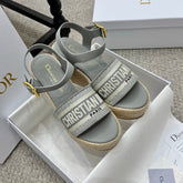 DWAY WEDGE SANDAL 25S 95MM IN GRAY EMBROIDERED COTTON RAFFIA SOLE