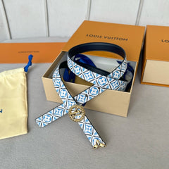 LV Circle Nautical 20mm Reversible Belt Gold Buckle Black White Blue Lambskin