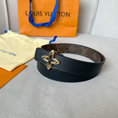LV MINI FLOWERGRAM 30MM REVERSIBLE BELT IN BLACK CALFSKIN GOLD HARDWARE
