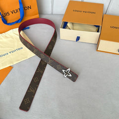 LV MINI FLOWERGRAM 30MM REVERSIBLE BELT IN BLOOD RED CALFSKIN SILVER HARDWARE