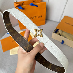 LV MINI FLOWERGRAM 30MM REVERSIBLE BELT IN WHITE CALFSKIN GOLD HARDWARE