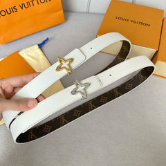 LV MINI FLOWERGRAM 30MM REVERSIBLE BELT IN WHITE CALFSKIN GOLD HARDWARE