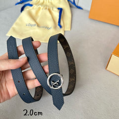 LV Circle 20mm Reversible Belt Silver Buckle Navy Blue Brown Leather