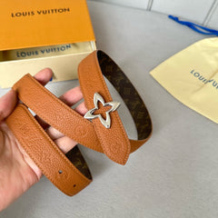 LV MINI FLOWERGRAM 30MM REVERSIBLE BELT IN BRONZE BROWN EMBOSSED CALFSKIN SILVER HARDWARE
