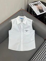 WHITE SLEEVELESS BUTTON-UP SHIRT
