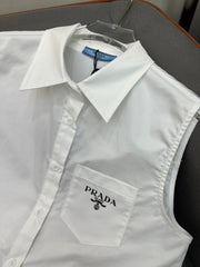WHITE SLEEVELESS BUTTON-UP SHIRT