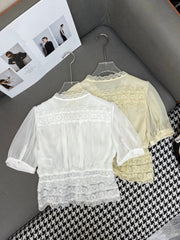 DIOR NEW DESIGN V-NECK LACE BLOUSE WITH PUFF SLEEVES