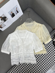 DIOR NEW DESIGN V-NECK LACE BLOUSE WITH PUFF SLEEVES