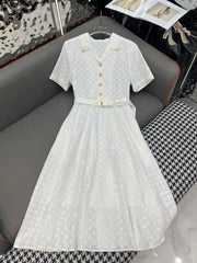 WHITE SHORT-SLEEVE BELTED BLAZER DRESS