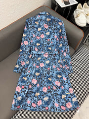 LV LONG-SLEEVE FLORAL PRINT SHIRT DRESS IN BLUE
