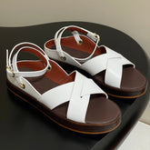 SANDALS THICK SOLE CROSS STRAP IN WHITE AND BROWN CALFSKIN