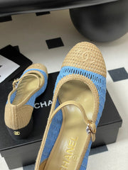 HIGH BALLET MARY JANE 50MM IN NATURAL BEIGE AND BLUE RAFFIA