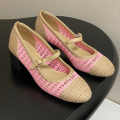 HIGH BALLET MARY JANE 50MM IN NATURAL BEIGE AND PINK RAFFIA
